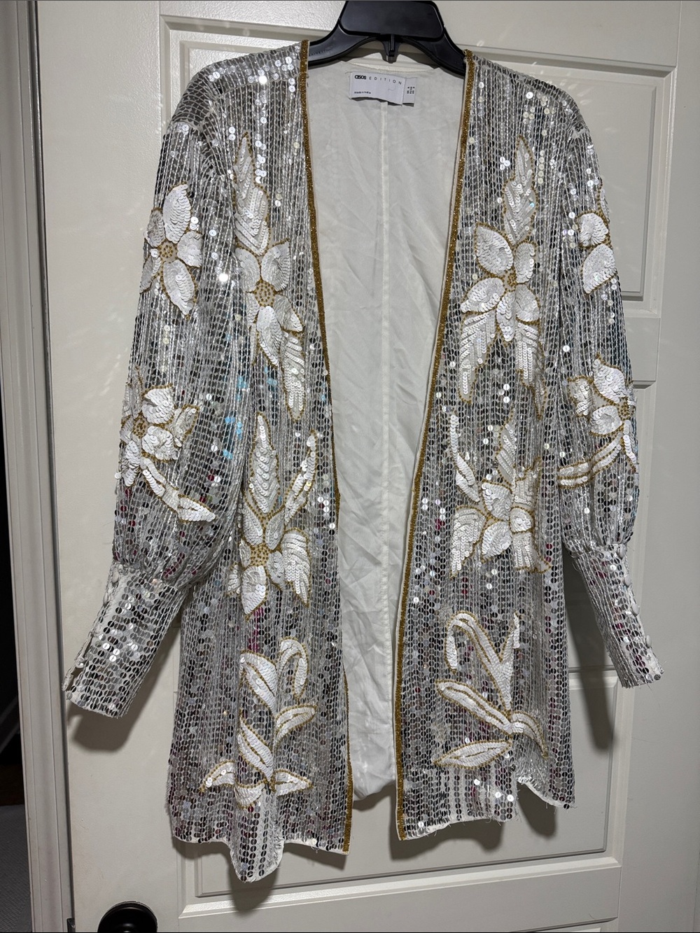 ASOS Silver Sequin Floral Open-Front Jacket with Gold Trim